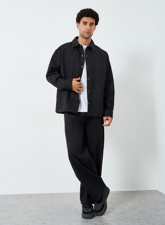 Styli Men Black Oversized Spread Collar Shirt - Image 1